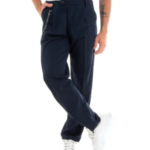 Pantaloni Uomo Lungo Viscosa Fondo Largo Elastico Sul Retro Abbottonatura Allungata Blu Casual Elegante GIOSAL-P5853A