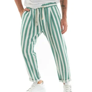 Pantaloni Uomo Pantalaccio Cotone Viscosa Lungo Jogger Casual Con Coulisse Con Elastico Rigato Verde GIOSAL-P5875A