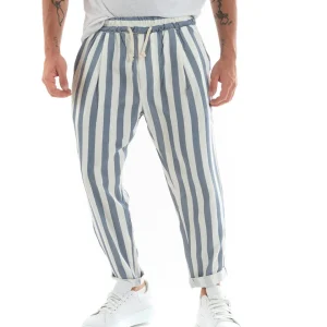 Pantaloni Uomo Pantalaccio Cotone Viscosa Lungo Jogger Casual Con Coulisse Con Elastico Rigato Blu GIOSAL-P5876A