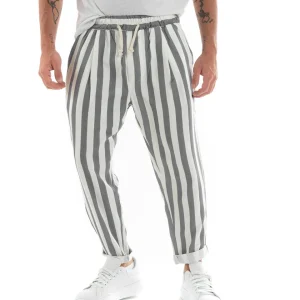 Pantaloni Uomo Pantalaccio Cotone Viscosa Lungo Jogger Casual Con Coulisse Con Elastico Rigato Nero GIOSAL-P5877A