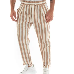 Pantaloni Uomo Pantalaccio Cotone Viscosa Lungo Jogger Casual Con Coulisse Con Elastico Rigato Beige GIOSAL-P5878A