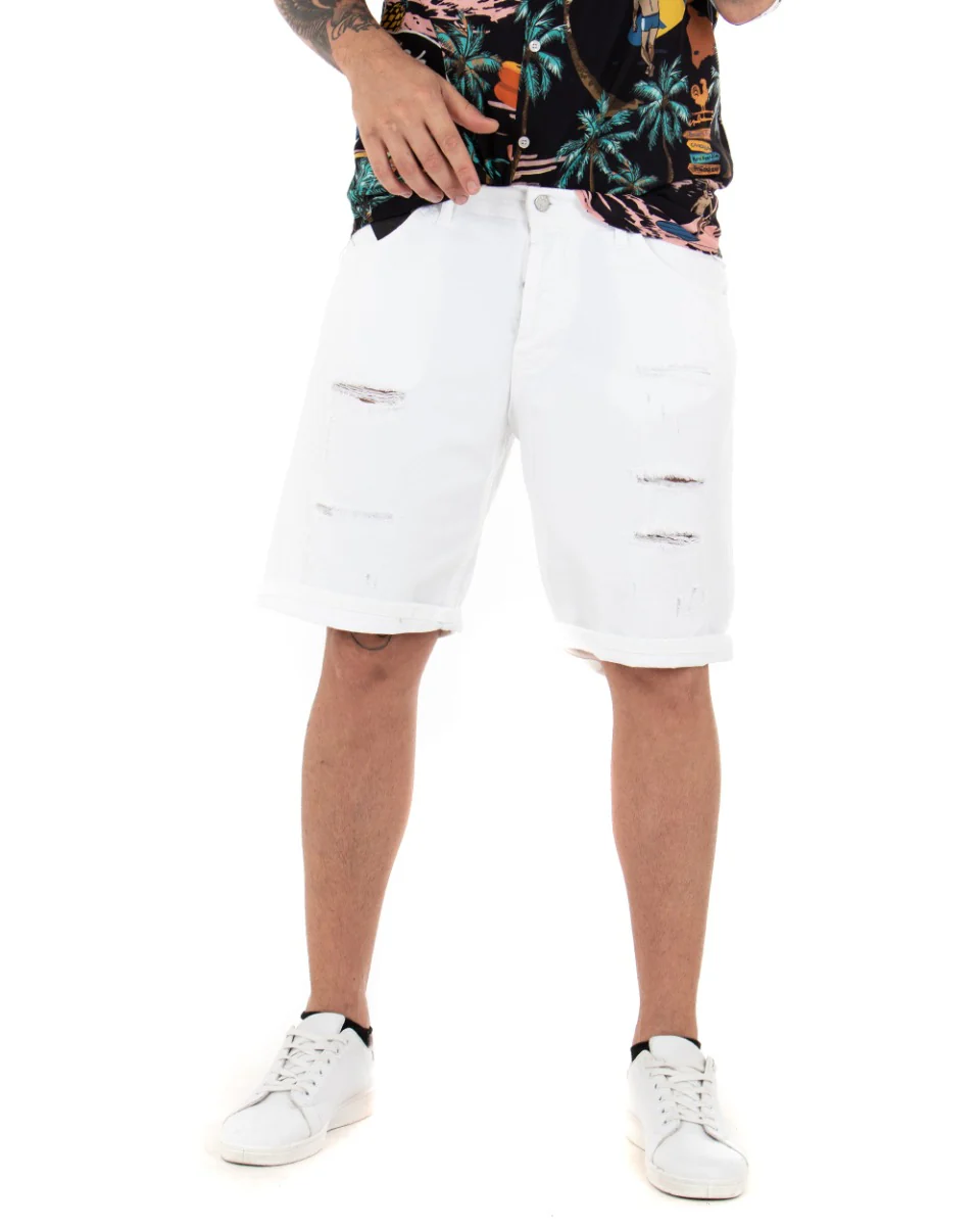Bermuda Pantaloncini Uomo Corti Comodi Con Rotture Cinque Tasche Regular Fit Casual Tinta Unita Bianco GIOSAL-PC1762A
