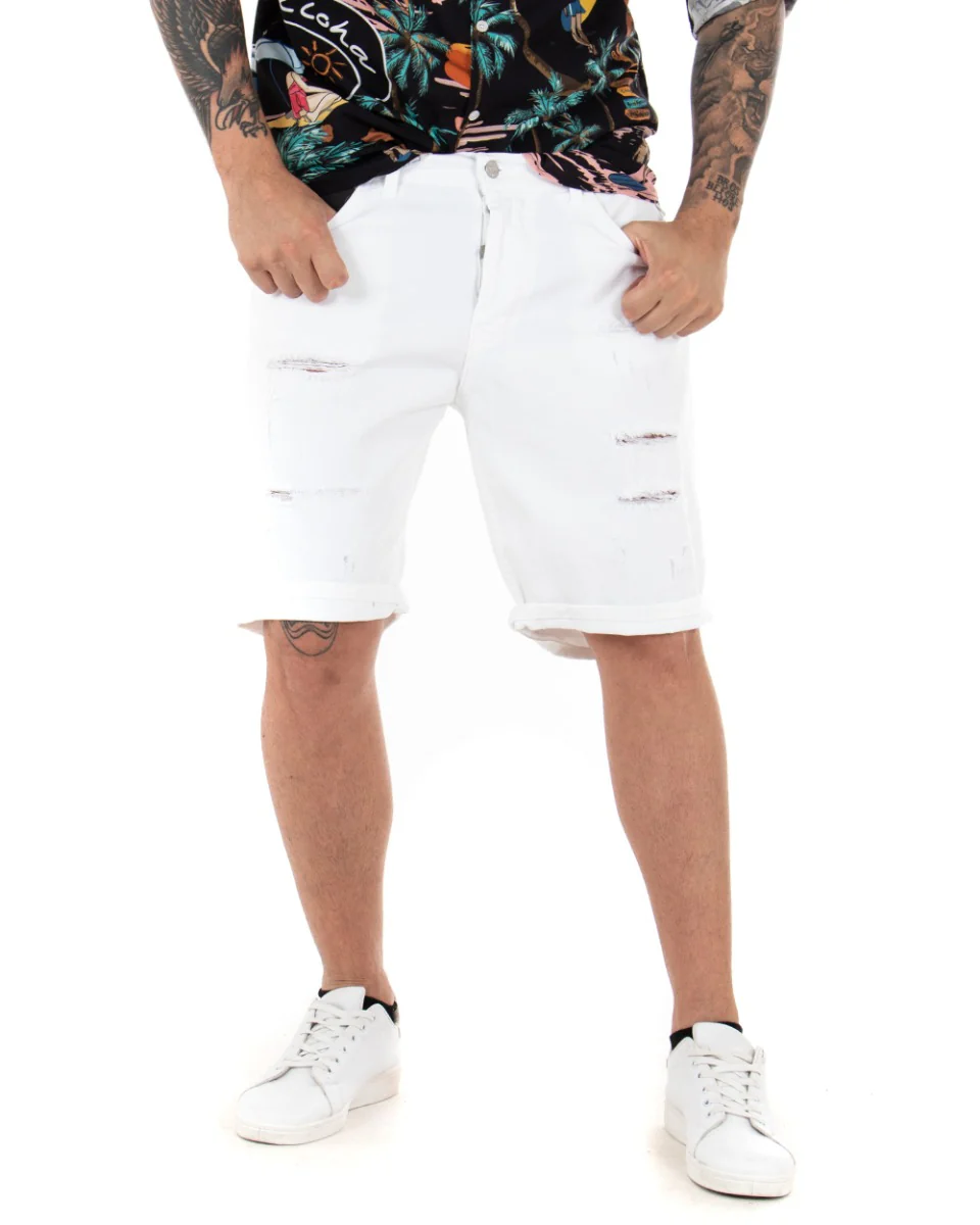 Bermuda Pantaloncini Uomo Corti Comodi Con Rotture Cinque Tasche Regular Fit Casual Tinta Unita Bianco GIOSAL-PC1762A - immagine 3