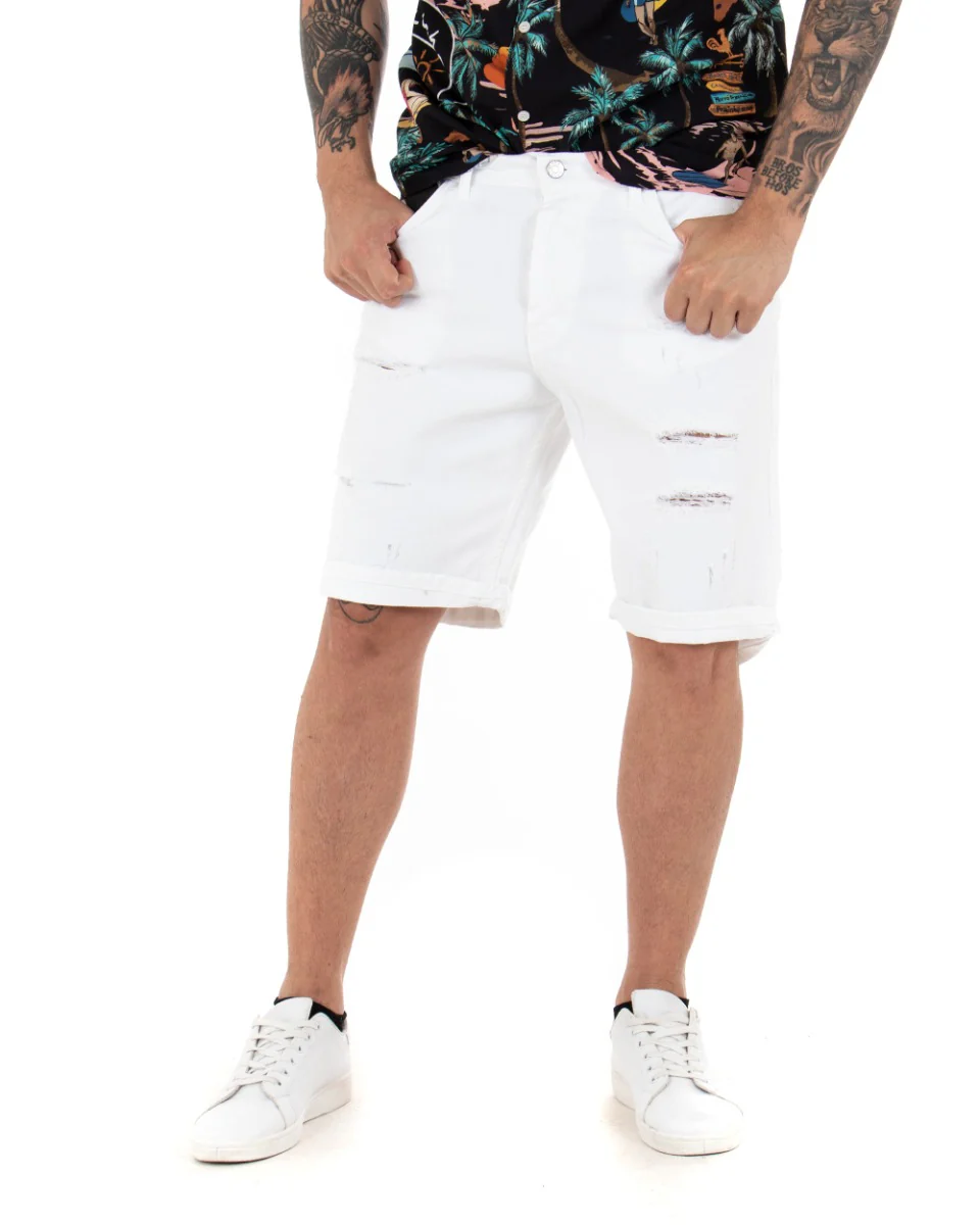 Bermuda Pantaloncini Uomo Corti Comodi Con Rotture Cinque Tasche Regular Fit Casual Tinta Unita Bianco GIOSAL-PC1762A - immagine 4