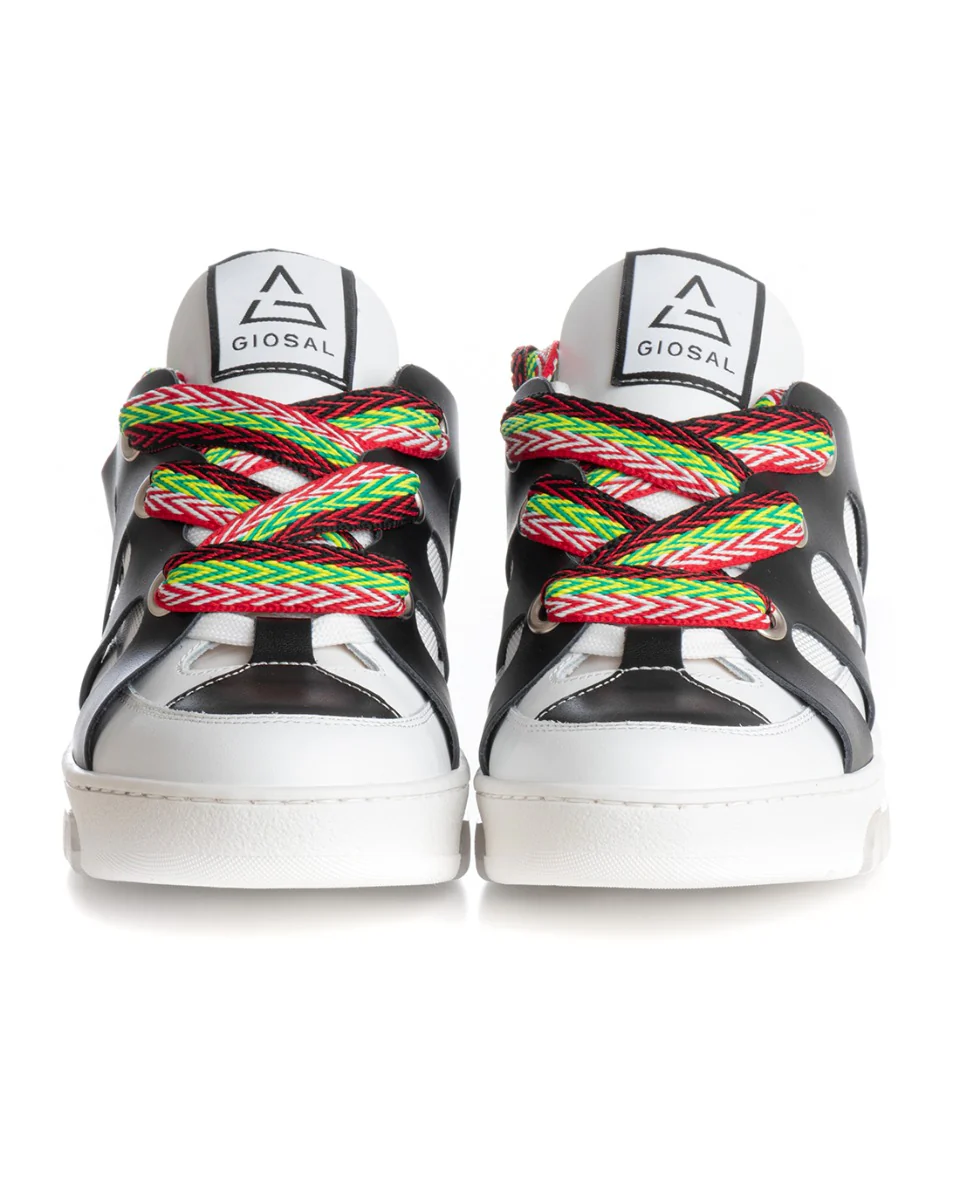 Scarpe Uomo Sneakers Ecopelle Bianco Nero Lacci Colorati Casual Sportive GIOSAL-S1228A - immagine 3
